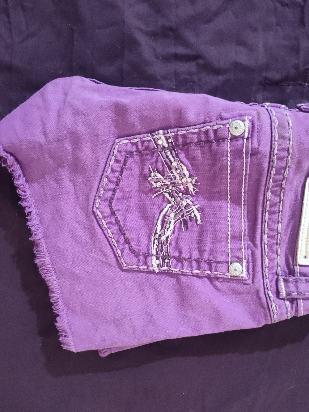 Purple Women’s Denim Shorts - Stylish Embroidered Pocket